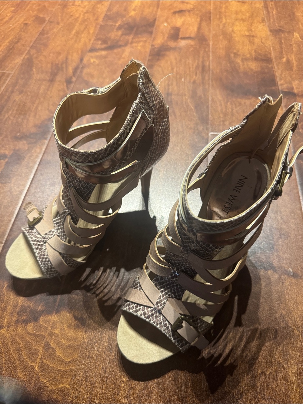 Nine West Taupe Snake-Print Strappy High Heel Sandals